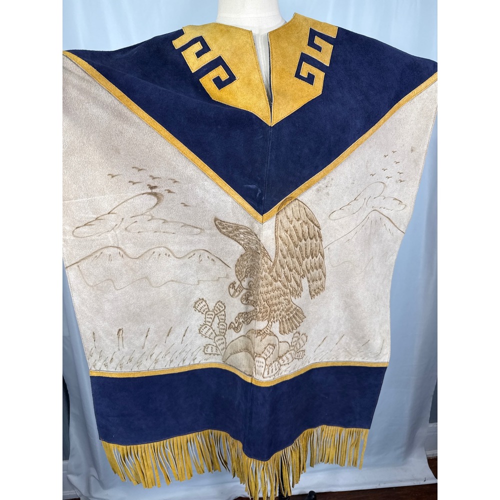 VTG  Mexican Suede Leather Gaban Poncho Burned Eagle Fringe Western Blue Tan